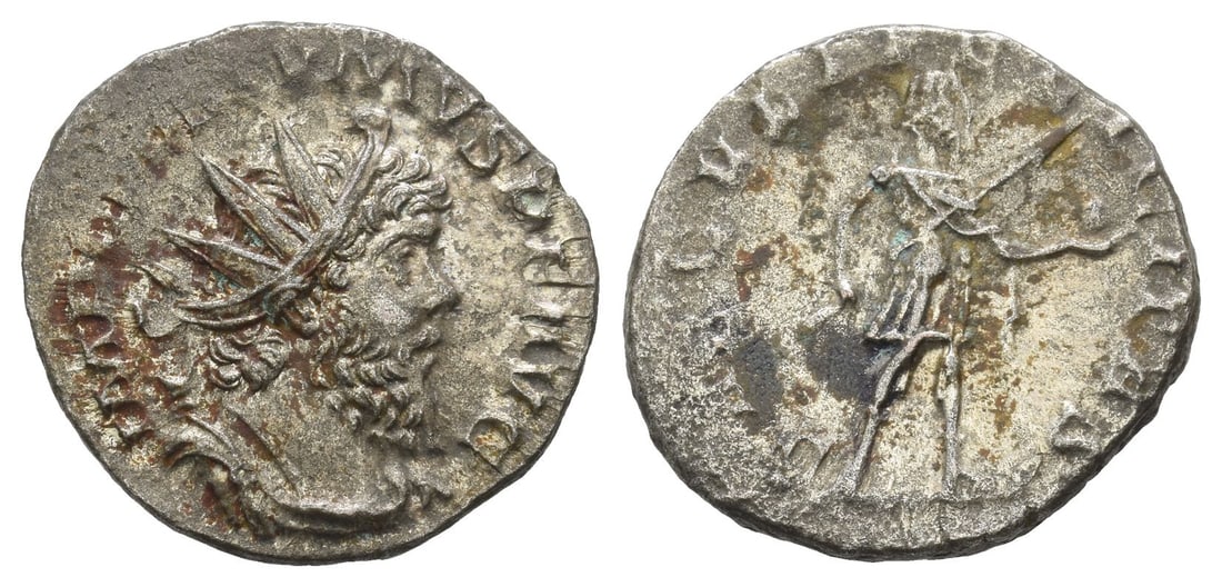 Postumus, Romano-Gallic Emperor AR Antoninianus.: AD 266-267. Treveri mint. IMP C POSTVMVS P F AVG, radiate, draped and cuirassed bust to right / SAECVLI FELICITAS, emperor standing to right, holding spear and globe. RIC V.2 83 (Lugdunum) and 325 (Co