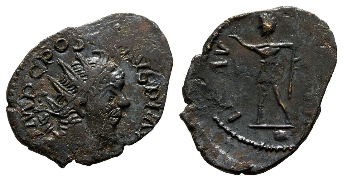 Postumus, Romano-Gallic Emperor BI Antoninianus.: AD 260-269. Uncertain mint. Local imitation. Radiate, draped and cuirassed bust to right / Standing figure, holding sceptre and uncertain object; pellet in exergue. 2.10gr, 23mm, 10h. Property of a Ca