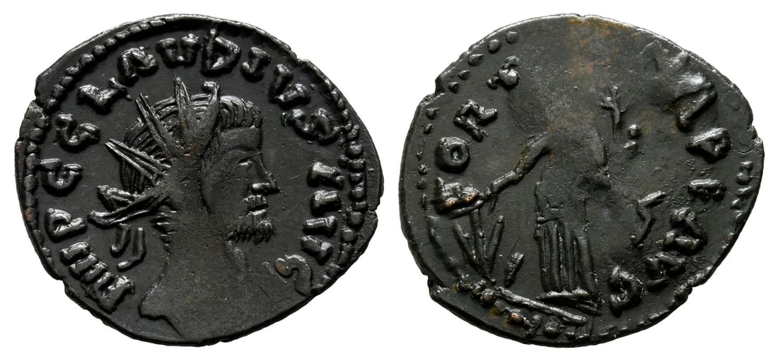 Claudius II Gothicus BI Antoninianus.: 3rd century AD. Uncertain mint. Contemporary imitation. IMP C CLAVDIVS AVG, radiate, draped and cuirassed bust to right / FORTVNA RE AVG, Fortuna standing to left, holding rudder on globe and cornucop