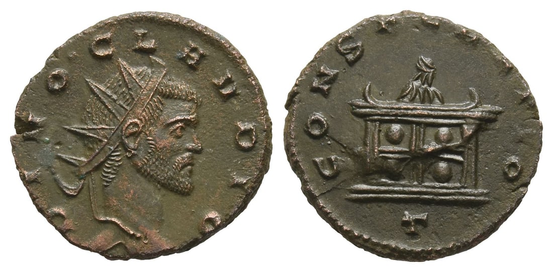 Divus Claudius II Gothicus BI Antoninianus.: Circa late AD 270-early AD 271. Mediolanum mint. 3rd officina. DIVO CLAVDIO, radiate head to right / CONSECRATIO, lit altar with four panels on face, each with pellet; T below. RIC V 261. 3.55gr, 19mm