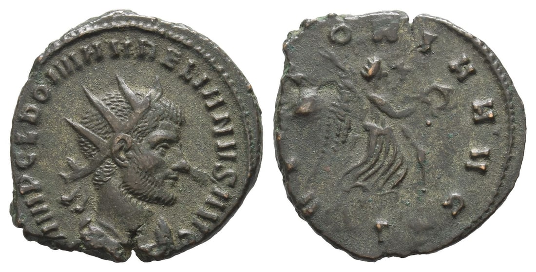 Aurelian BI Antoninianus.: AD 270-275. Rome mint. IMP C L DOM AVRELIANVS AVG, radiate, draped and cuirassed bust to right / VICTORIA AVG, Victory advancing to right, holding wreath im right hand and palm over left shoulder; ?(?
