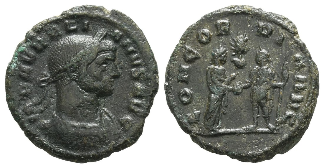 Aurelian AE Nummus.: AD 275. Rome mint. IMP AVRELIANVS AVG, laureate and cuirassed bust of Aurelian to right / CONCORDIA AVG, Aurelian and Severina standing clasping hands; in field above, radiate and draped bust of Sol t