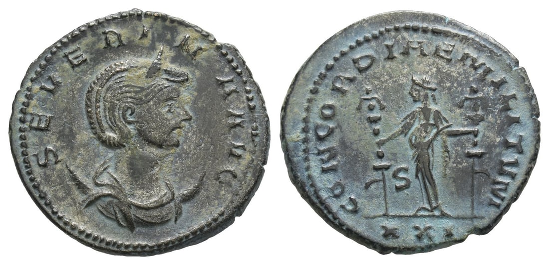 Severina, Augusta BI Antoninianus.: AD 274-275. Antioch mint. 2nd or 6th officina. SEVERINA AVG, diademed and draped bust to right, set on crescent / CONCORDIAE MILITVM, Concordia standing to left, holding standard in each hand; S in lo