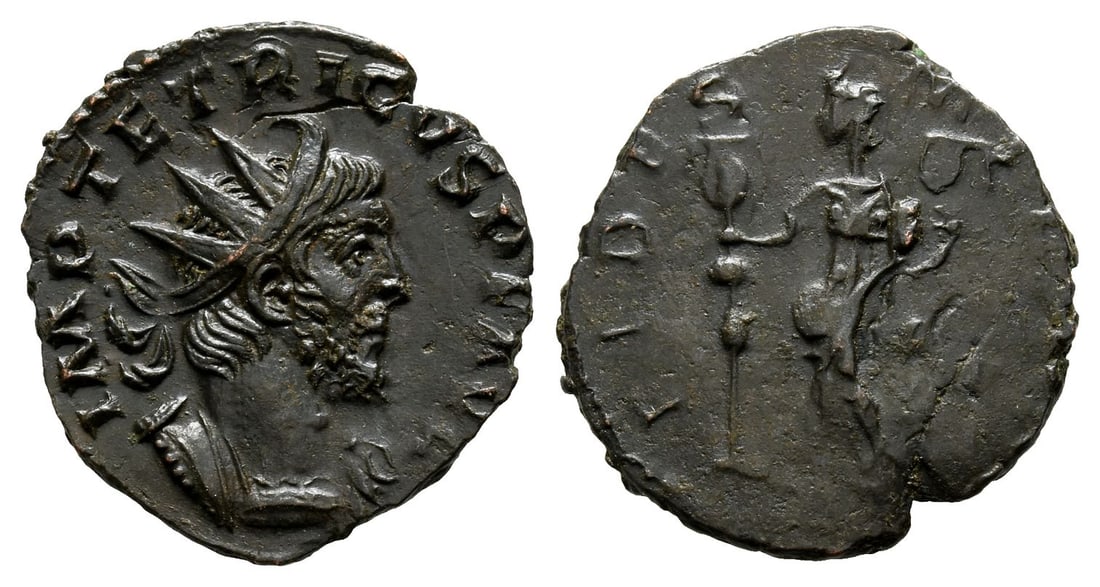 Tetricus I, Romano-Gallic Emperor BI Antoninianus.: AD 272. Colonia Agrippinensis mint. IMP TETRICVS P F AVG, radiate and cuirassed bust to right / FIDES M[..], Fides standing to left, holding two ensigns. Cf. AGK 3f; cf. Elmer 784 (Treveri); cf. Cunet