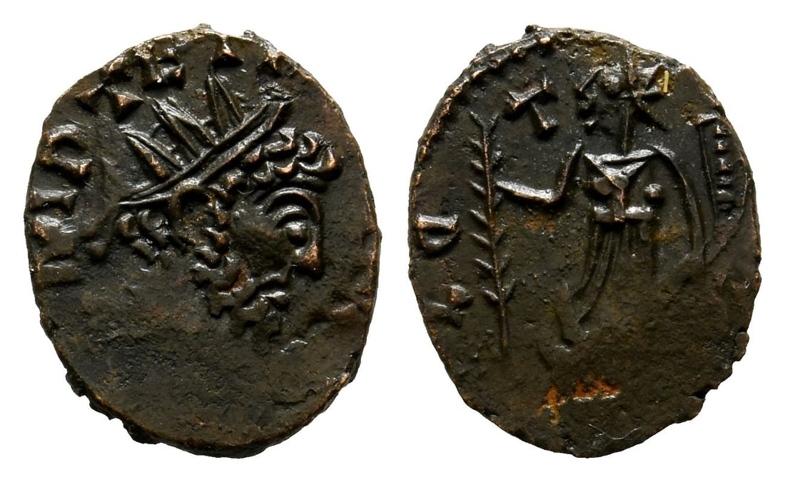 Tetricus I, Romano-Gallic Emperor BI Antoninianus.: AD 271-274. Local imitation. IMP TETR[..], radiate bust to right / Blundered legend, female figure standing facing, head to left, holding palm branch with right and cornucopia with left hand. For prot