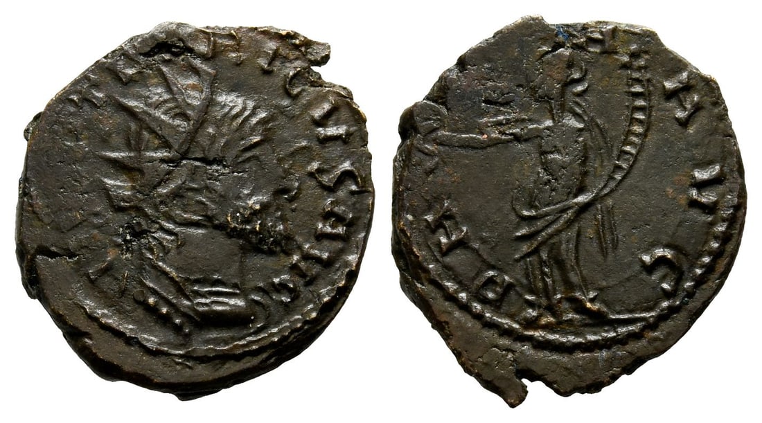 Tetricus I, Romano-Gallic Emperor BI Antoninianus.: AD 271-274. Uncertain mint. Contemporary imitation. [..] TETRICVS AVG, radiate and cuirassed bust to right / P[..] AVG, Pax standing to left, holding branch and cornucopia. For a similar type cf. RIC 