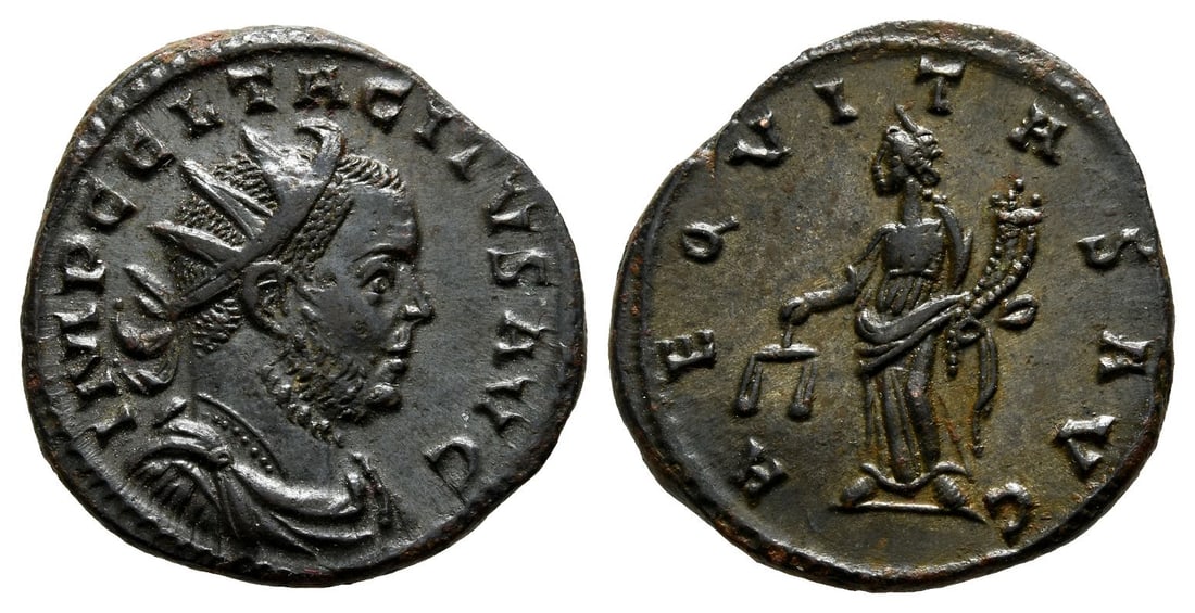 Tacitus BI Antoninianus.: Struck November-December AD 275. Lugdunum mint. IMP C CL TACITVS P F AVG, radiate, draped and cuirassed bust to right / AEQVITAS AVG, Aequitas standing facing, head to left, holding scales in her righ