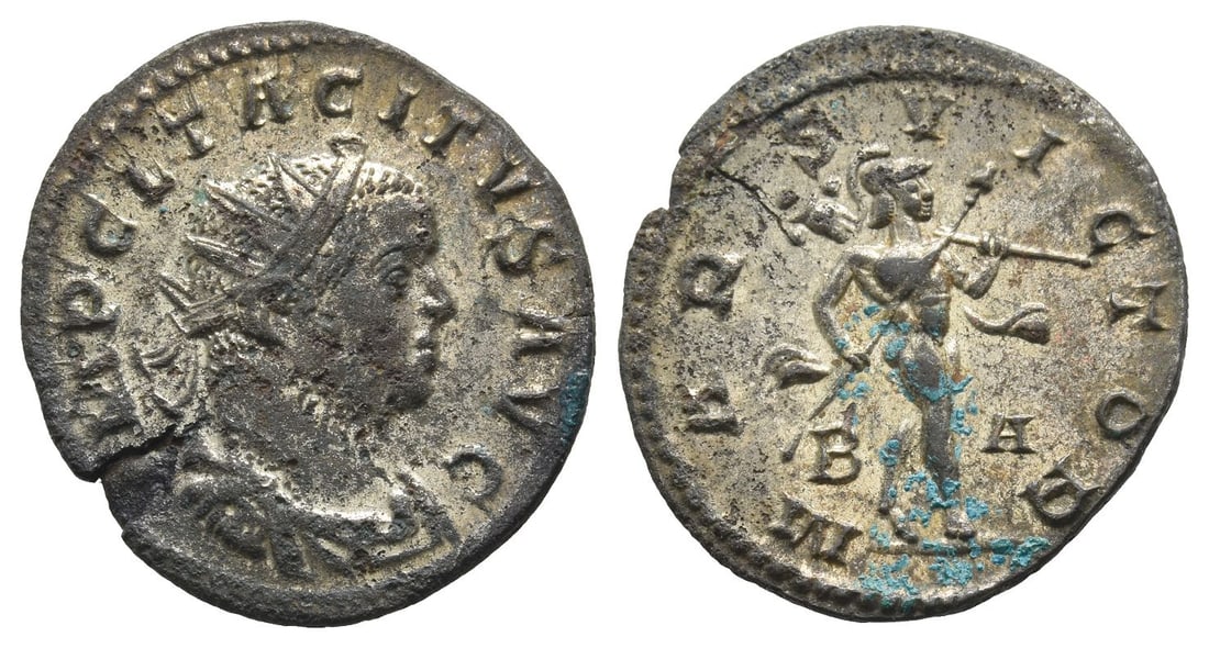 Tacitus BI Antoninianus.: AD 275-276. Lugdunum mint. IMP C L TACITVS AVG, radiate, draped and cuirassed bust to right / MARS VICTOR, nude Mars walking to right, holding spear and trophy; B A across fields. RIC 30; MER-RIC 3309