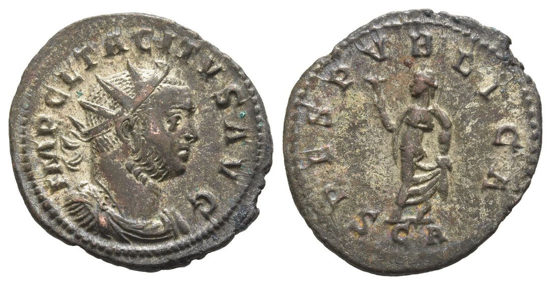 Tacitus BI Antoninianus.: Struck January AD 276. Lugdunum mint. IMP CL TACITVS AVG, radiate, draped and cuirassed bust to right / SPES PVBLICA, Spes advancing to left, holding flower in her right hand and raising skirt with he