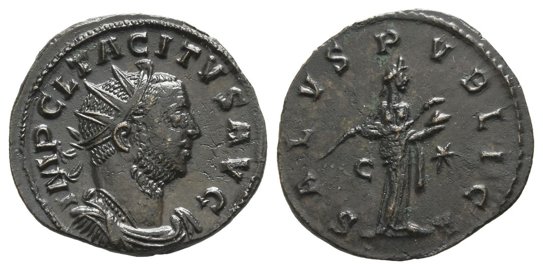 Tacitus BI Antoninianus.: AD 276. Lugdunum mint. IMP CL TACITVS AVG, radiate, draped and cuirassed bust to right / SALVS PVBLICA, Salus standing to right, feeding serpent held in her arms; C (star) across fields. RIC V.1 58; M