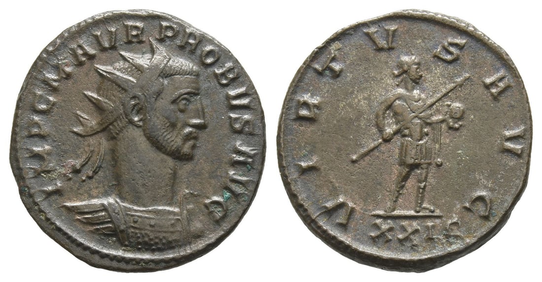 Probus BI Antoninianus.: AD 276-282. Siscia mint. IMP C M AVR PROBVS AVG, radiate,draped and cuirassed bust to right / VIRTVS AVG, emperor standing to right, holding spear and globe; XXIC in exergue. RIC 801. 4.15gr, 21mm, 12
