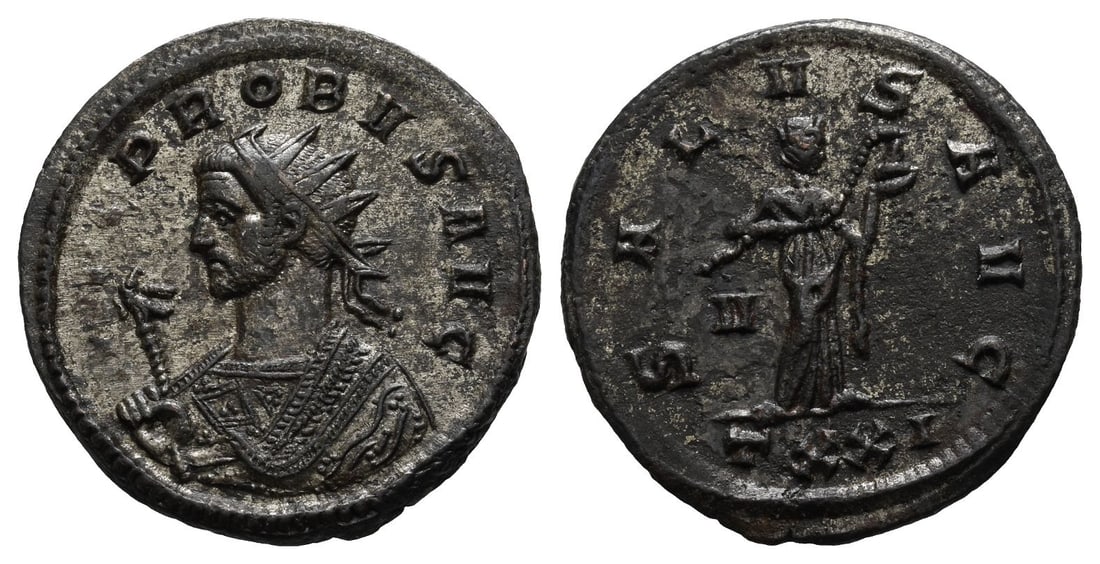 Probus BI Antoninianus.: AD 281. Ticinum mint. 3rd officina. [IMP C] PROBVS AVG, radiate and mantled bust to left, holding eagle-tipped sceptre / SALVS AVG, Salus standing facing, head to right, feeding serpent; V to left, TX
