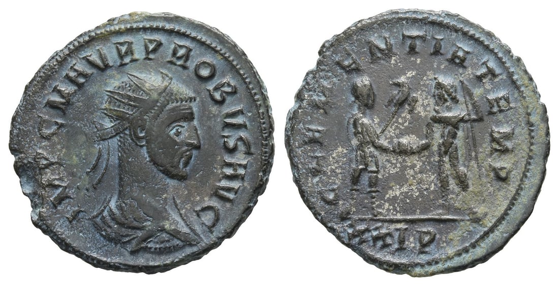 Probus BI Antoninianus.: AD 280. Cyzicus mint. IMP C M AVR PROBVS AVG, radiate, draped and cuirassed bust to right / CLEMENTIA TEMP, Emperor standing to right, holding sceptre surmounted by eagle, receiving globe from Jupiter