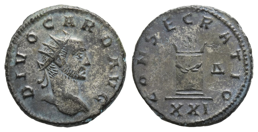 Divus Carus BI Antoninianus.: Struck under Carinus, May-June AD 284. Antioch mint. DIVO CARO AVG, radiate head to right / CONSECRATIO, garlanded altar; ? in right field, XXI in exergue. RIC V.2 127. 3.55gr, 20mm, 12h. From the col