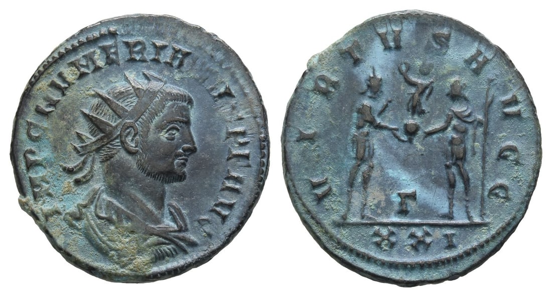 Numerian BI Antoninianus.: AD 283-284. Uncertain mint. IMP C NVMERIANVS P F AVG, radiate, draped and cuirassed bust to right, seen from rear / VIRTVS AVGG, Emperor standing to right, holding sceptre and receiving globe surmount
