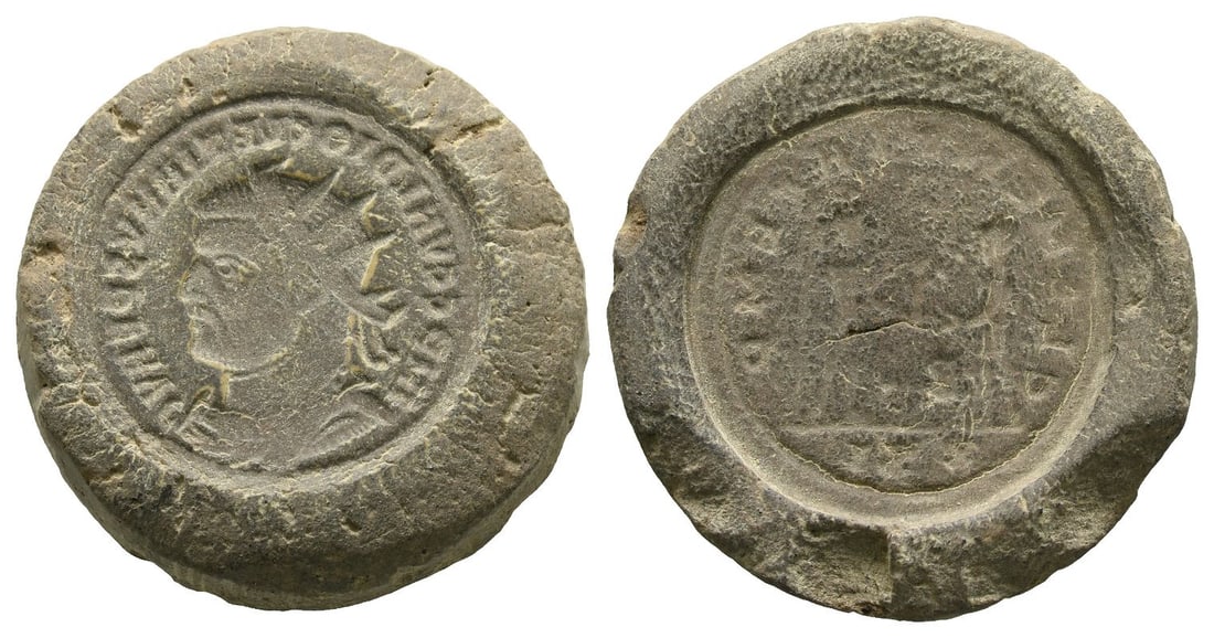 Roman Imperial, Diocletian and Carinus Terracotta Forger's Casting Mould.: 3rd century AD. Incuse of IMP C C VAL DIOCLETIANVS P F AVG, radiate, draped and cuirassed bust to right / Incuse of CLEMENTIA TEMP, Emperor, on the left, standing to right, holding short sceptre in hi