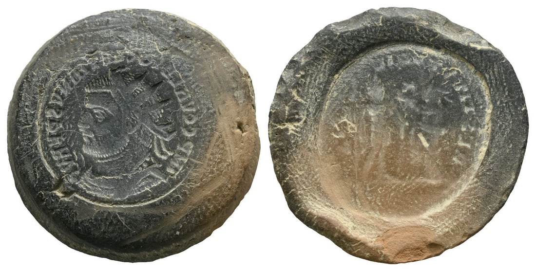 Roman Imperial, Diocletian Terracotta Forger's Casting Mould.: 3rd century AD. Incuse of IMP C C VAL DIOCLETIANVS P F AVG, radiate, draped and cuirassed bust to right / Incuse of RESTITVT [..], female figure, turreted and on the left, standing to right, presentin