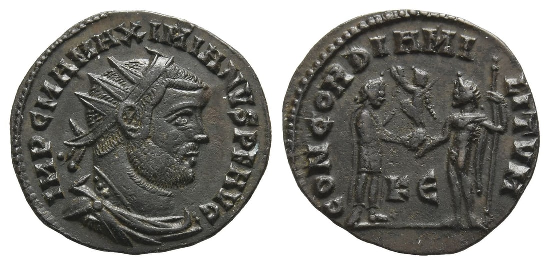 Maximianus BI Antoninianus.: AD 295-299. Kyzikos mint. IMP C M A MAXIMIANVS P F AVG, radiate, draped, cuirassed, right / CONCORDIA MILITVM, KE, Maximian, draped, cuirassed, standing right, receiving small Victory on globe from Ju