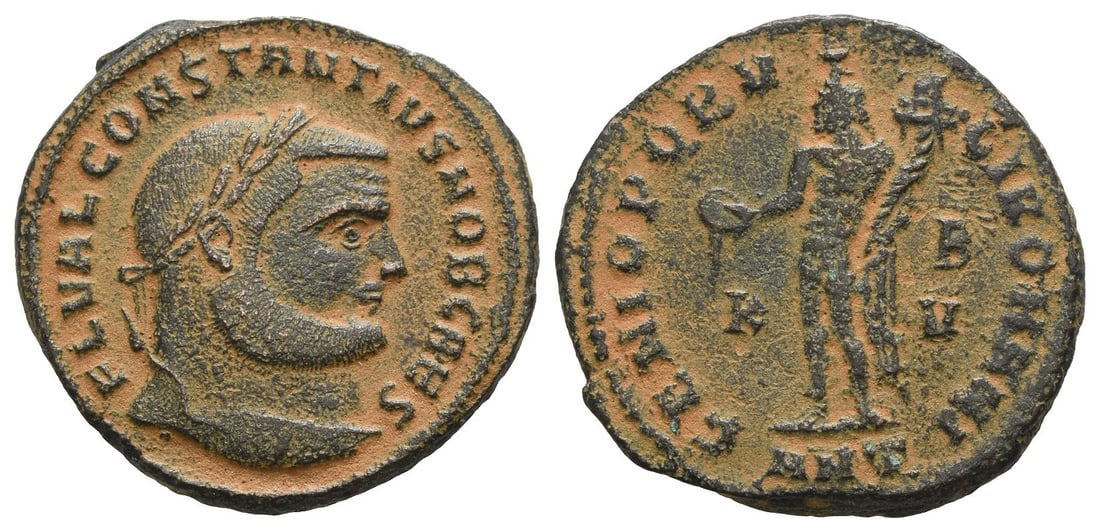 Constantius I, as Caesar BI Nummus.: AD 300-301. Antioch mint. 2nd officina. FL VAL CONSTANTIVS NOB CAES, laureate head to right / GENIO POPVLI ROMANI, Genius standing to left with modius on head, holding patera and cornucopia; K V acros