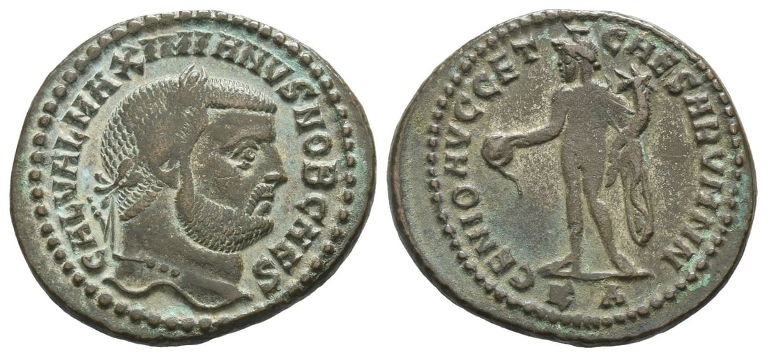 Galerius, as Caesar BI Nummus.: AD 295-296. Cyzicus mint. 1st officina. GAL VAL MAXIMIANVS NOB CAES, laureate head to right / GENIO AVGG ET CAESARVM NN, Genius, wearing modius on head, standing to left, holding patera and cornucopia