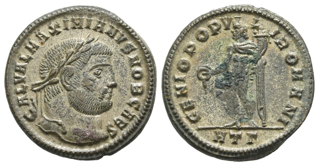 Galerius, as Caesar BI Nummus.: AD 296-297. Heraclea mint. 3rd officina. GAL VAL MAXIMIANVS NOB CAES, laureate head to right / GENIO POPVLI ROMANI, Genius, wearing modius on head, standing to left, holding cornucopia and patera, fro