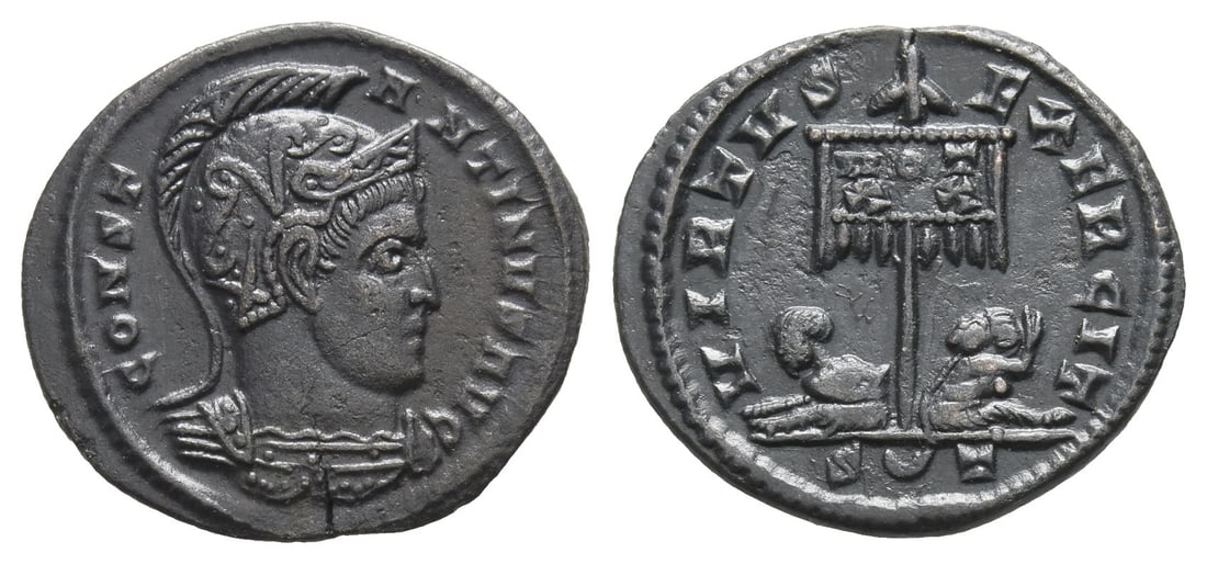 Constantine I BI Nummus.: AD 319-320. Ticinum mint. 2nd officina. CONSTANTINVS AVG, helmeted and cuirassed bust to right / VIRTVS EXERCIT, two captives at foot of standard inscribed VOT XX; S(crescent)T in exergue. RIC 122. 2.