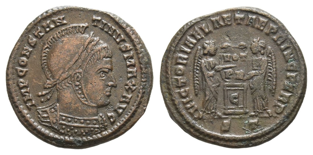Constantine I BI Nummus.: AD 319. Ticinum mint. 2nd officina. IMP CONSTANTINVS MAX AVG, laureate, helmeted and cuirassed bust to right / VICTORIAE LAETAE PRINC PERP, two Victories standing facing each other, together holding s