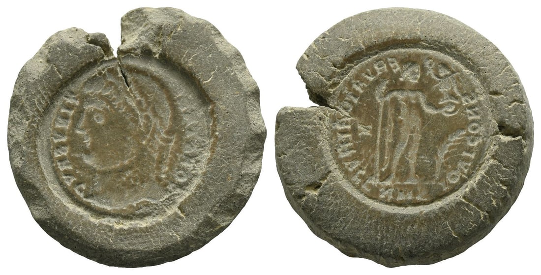 Roman Imperial, Constantine I Terracotta Forger's Casting Mould.: 4th century AD. Incuse of CONSTANTINVS AVG, laureate head to right / Incuse of IOVI CONSERVATORI AVGG, Jupiter standing facing, head to left, holding Victory on globe in his right hand and long sceptr