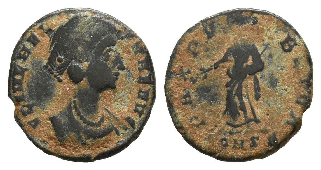 Helena, Augusta BI Nummus.: Struck AD 337-340. Constantinople mint. 5th officina. FL IVL HELENAE AVG, diademed and draped bust to right, wearing necklace / PAX PVBLICA [•], Pax standing facing, head to left, holding branch 