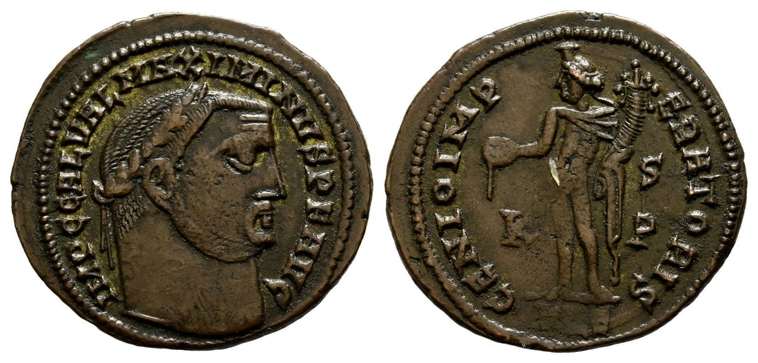 Maximinus II BI Nummus.: AD 308-310. Alexandria mint. 6th officina. IMP C GAL VAL MAXIMINVS P F AVG, laureate head to right / GENIO IMPERATORIS, Genius standing to left, modius on head, naked except for chlamys over left shou