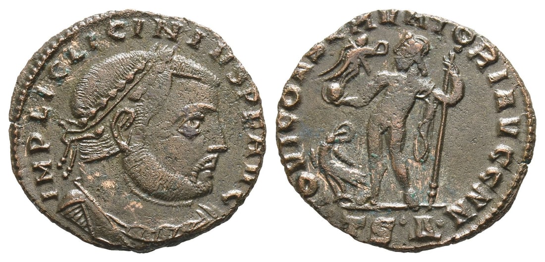 Licinius I BI Nummus.: AD 312-313. Thessalonica mint. 4th officina. IMP LIC LICINIVS P F AVG, laureate, draped and cuirassed bust to right / IOVI CONSERVATORI AVGG NN, Jupiter standing facing with head to left, chlamys hang