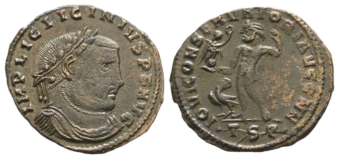 Licinius I BI Nummus.: AD 312-313. Thessalonica mint. 5th officina. IMP LIC LICINIVS P F AVG, laureate, draped and cuirassed bust to right / IOVI CONSERVATORI AVGG NN, Jupiter standing facing with head to left, chlamys hang