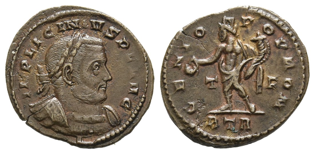 Licinius I AE Nummus.: AD 316. Trier mint. IMP LICINIVS P F AVG, laureate, draped and cuirassed bust right / GENIO POP ROM, Genius standing left, holding patera and cornucopiae, T-S across field, BTR in exergue. RIC 120. 3.