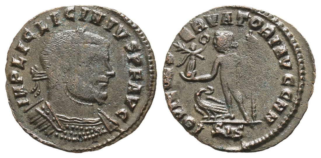 Licinius I BI Nummus.: Struck AD 313. Siscia mint. Uncertain officina. IMP LIC LICINIVS P F AVG, laureate and cuirassed bust to right / IOVI CONSERVATORI AVGG NN, Jupiter, nude, standing facing, head to left, holding Victor