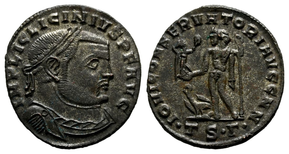 Licinius I BI Nummus.: AD 312-313. Thessalonica mint. 3rd officina. IMP LIC LICINIVS P F AVG, laureate, draped and cuirassed bust to right / IOVI CONSERVATORI AVGG N N, Jupiter standing facing, head to left, holding Victory
