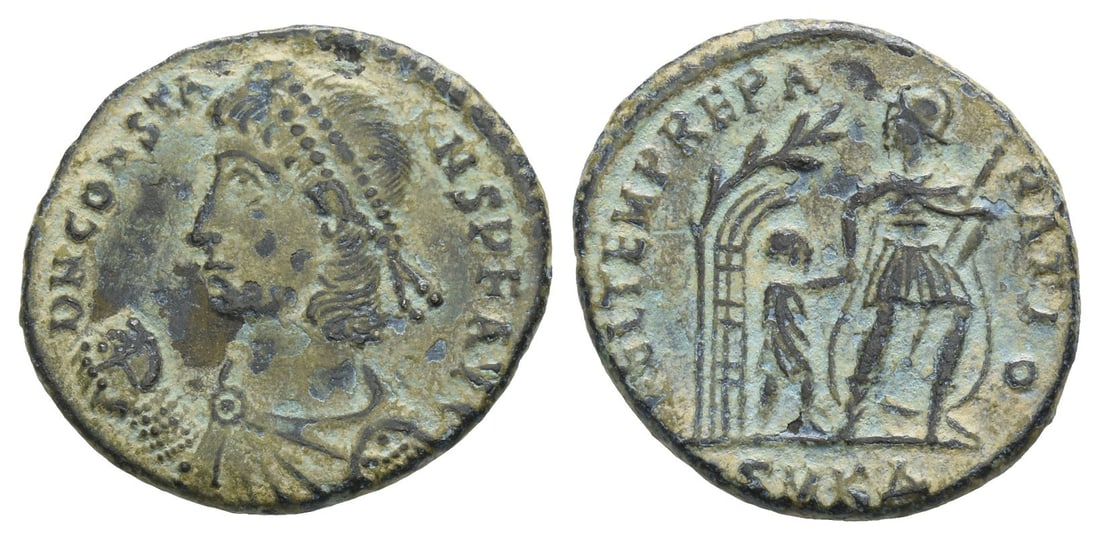 Constans BI Nummus.: AD 347-348. Cyzicus mint. 4th officina. D N CONSTANS P F AVG, diademed, draped and cuirassed bust to left; holding globe / FEL TEMP REPARATIO, helmeted soldier holding spear, advancing to right and le
