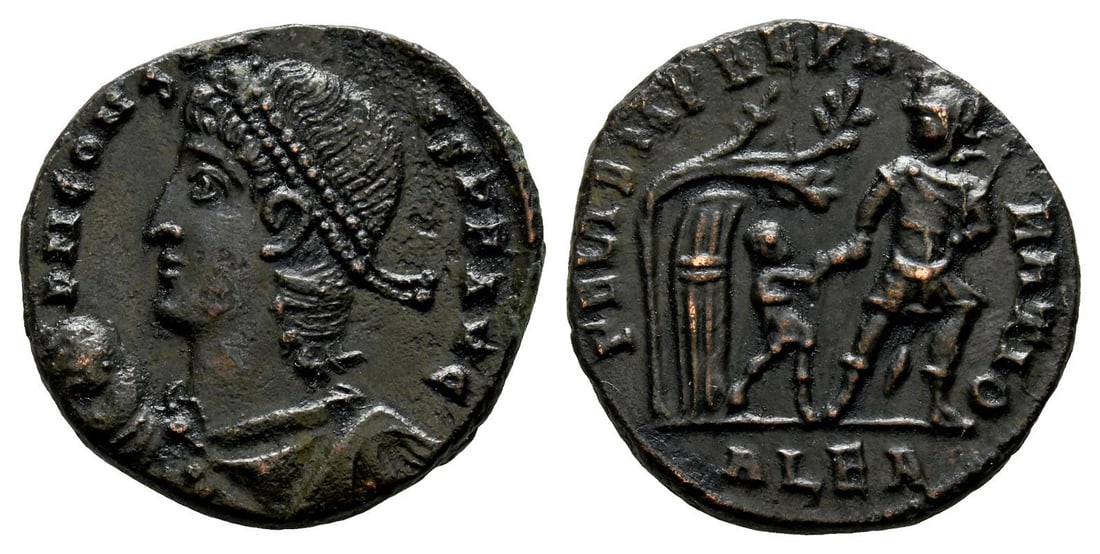 Constans BI Centenionalis.: AD 348-350. Alexandria mint. 1st officina. D N CONSTANS P F AVG, pearl-diademed, draped and cuirassed bust to left, holding globe / FEL TEMP REPARATIO, soldier advancing to right, head to left, holdin
