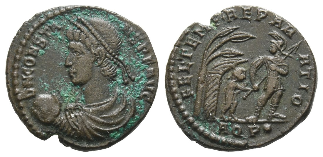 Constans II BI Maiorina.: AD 348-350. Aquileia mint. D N CONSTANS P F AVG, pearl-diademed, draped and cuirassed bust facing, head l., holding globe / FEL TEMP REPARATIO, helmeted soldier with spear standing r., facing, head l.