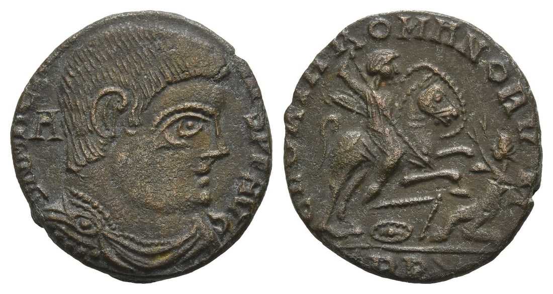 Magnentius AE Centenionalis.: AD 350-353. Treveri mint. 1st officina. D N MAGNENTIVS P F AVG, bare-headed, draped and cuirassed bust to right, A behind bust / GLORIA ROMANORVM, emperor on horseback to right, holding shield on left