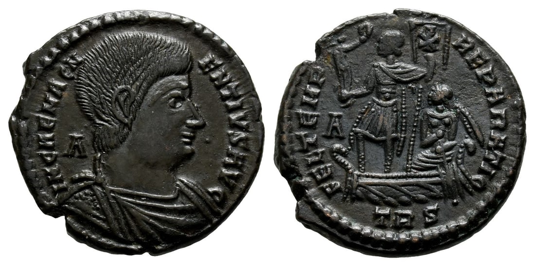 Magnentius BI Centenionalis.: AD 350-353. Treveri mint. 2nd officina. IM CAE MAGNENTIVS P F AVG, bare-headed, draped and cuirassed bust to right; A behind / FEL TEMP REPARATIO, emperor, in military dress, standing to left on prow 