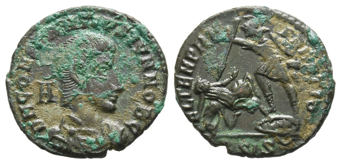 Constantius Gallus as Caesar BI Maiorina.: AD 351-354. Siscia mint. D N CONSTAN-TIVS IVN NOB C, draped and cuirassed bust right, A in left field / FEL TEMP RE-PARATIO, helmeted soldier advancing left, spearing fallen horseman leaning over hors