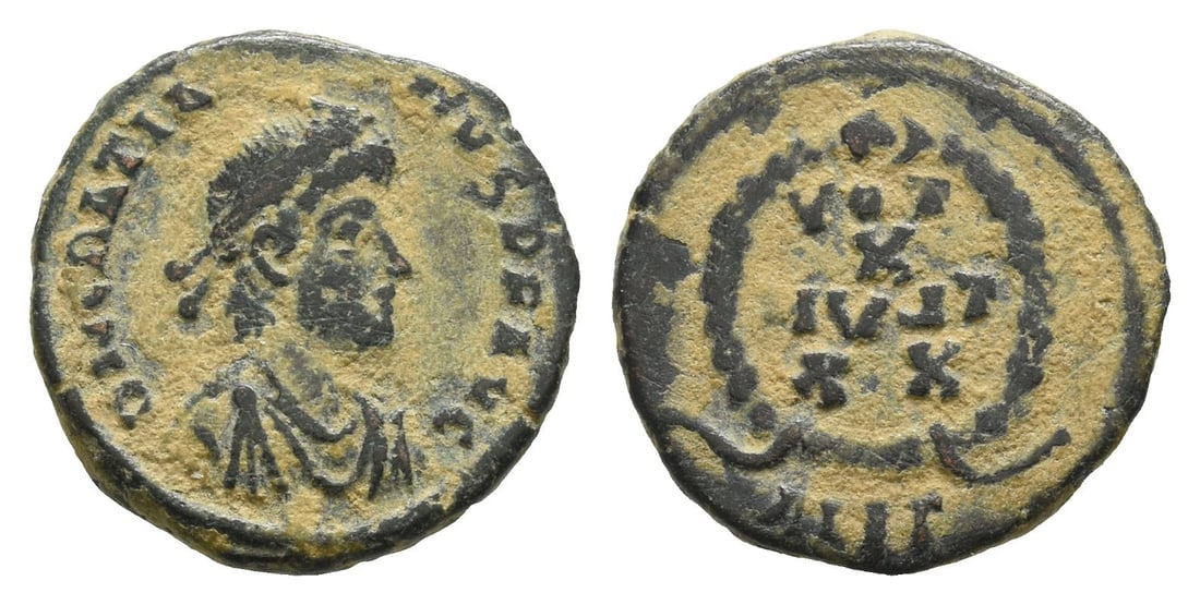 Gratian AE Nummus.: AD 367-375. Alexandria mint. D N GRATIANVS P F AVG, pearl-diademed, draped and cuirassed bust to right / VOT X MVLT XX within wreath; ALE?(?) below. Cf. RIC IX 13a. 1.49gr, 14mm, 11h. From the collect