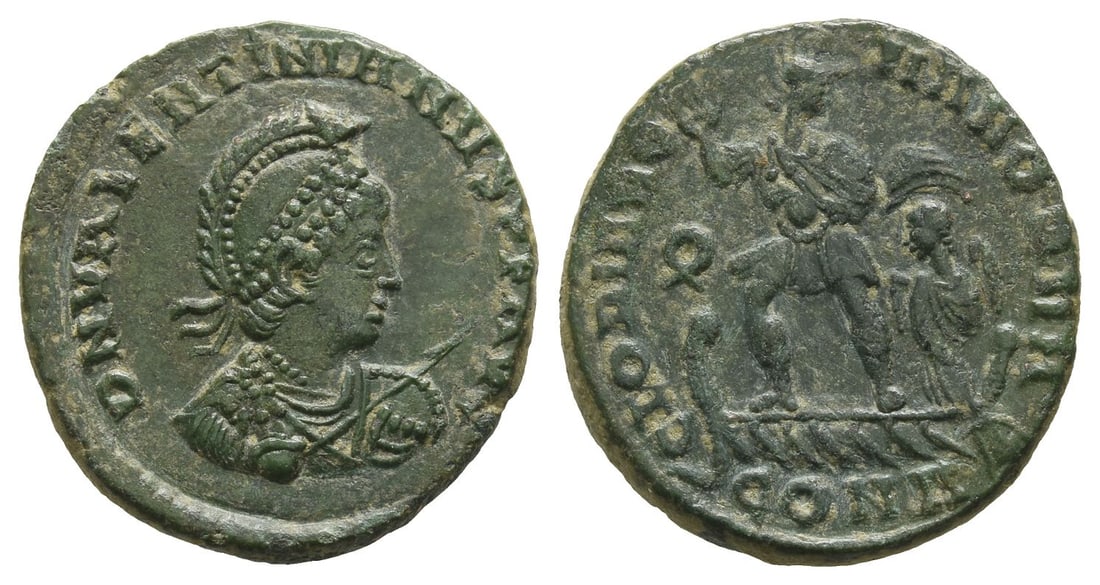 Valentinian II AE Centenionalis.: AD 378-383. Constantinople mint. 4th officina. D N VALENTINIANVS P F AVG, pearl-diademed, helmeted, draped and cuirassed bust to right, holding spear pointed forwards and shield / GLORIA ROMANORVM, em