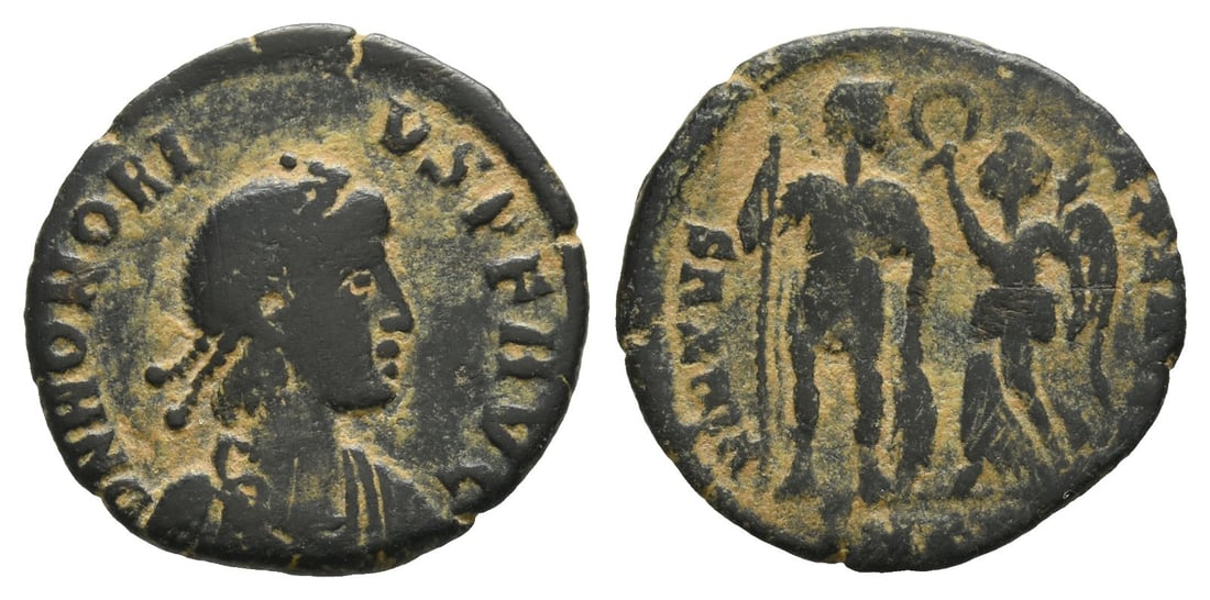 Honorius AE Nummus.: AD 393-423. Uncertain mint. D N HONORIVS P F AVG, diademed and draped bust to right / VIRTVS EXERCITI, emperor standing to left, holding spear and resting on shield; Victory crowning the emperor with 