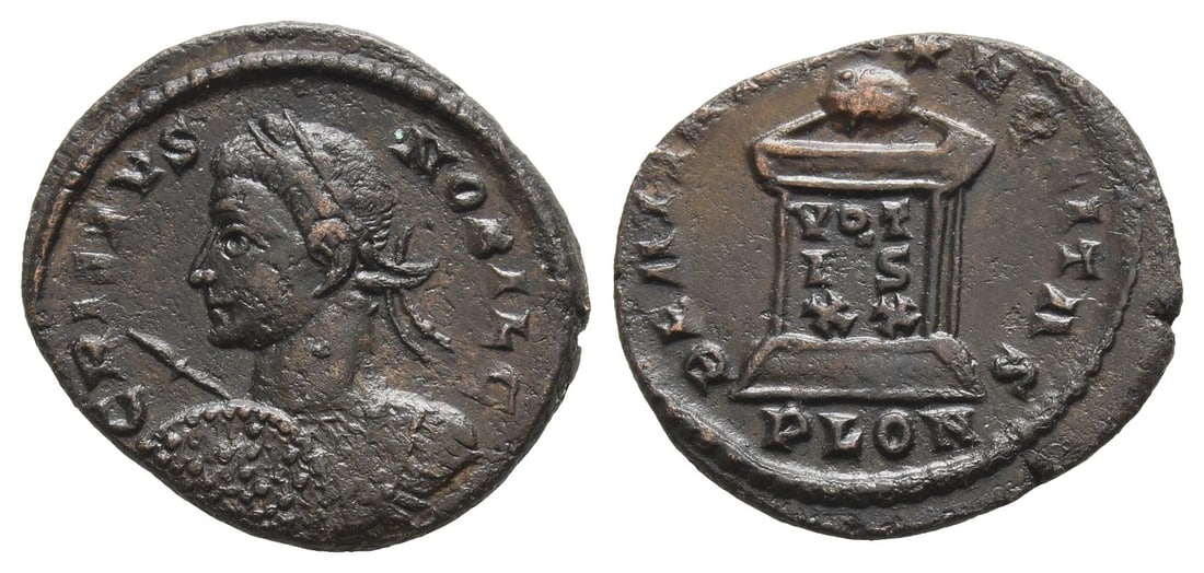 Crispus, as Caesar BI Nummus.: AD 321-323. London mint. 1st officina. CRISPVS NOBIL C, laureate and cuirassed bust to left, holding spear and shield / BEAT TRANQLITAS, altar inscribed VOTIS XX in three lines, surmounted by globe, w
