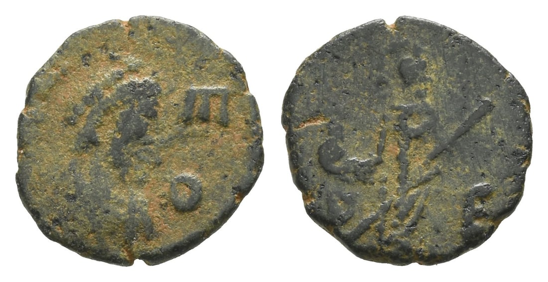 Leo I, with Verina AE Nummus.: AD 457-474. Constantinople mint. [D N L]EO, pearl-diademed, draped and cuirassed bust to right / b-E, Aelia Verina standing facing, holding globus cruciger and sceptre. RIC X 714: LRBC II, 2275. 0.91g