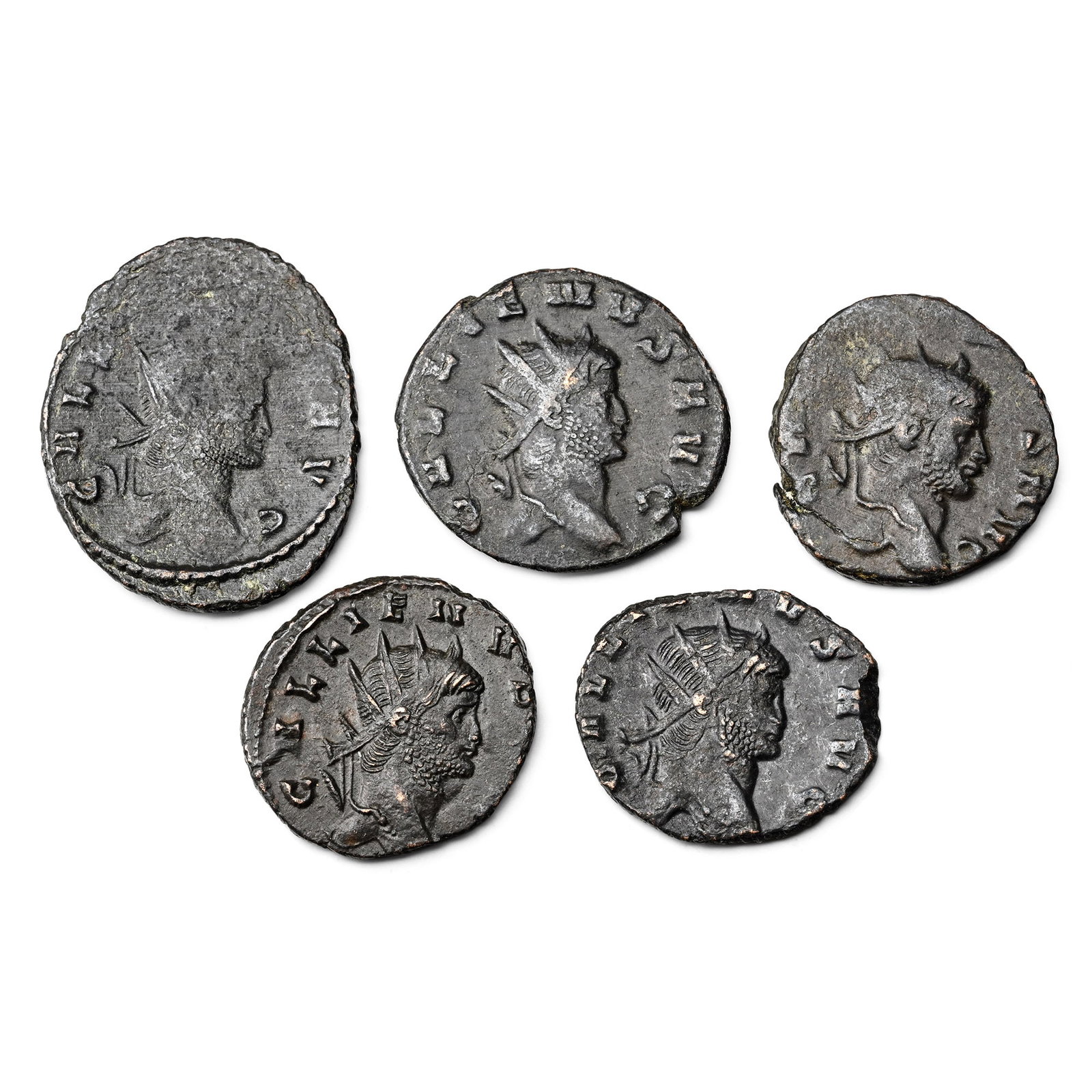 Group of Five [5] Gallienus AE Antoniniani Coins with Animal Reverses.: 253-268 AD. Group comprising: various animal reverse types of Gallienus, including antelope/deer types. 14.65gr total, 19-25mm. Ex property of a Cambridgeshire gentleman. TimeLine Auctions follows a r