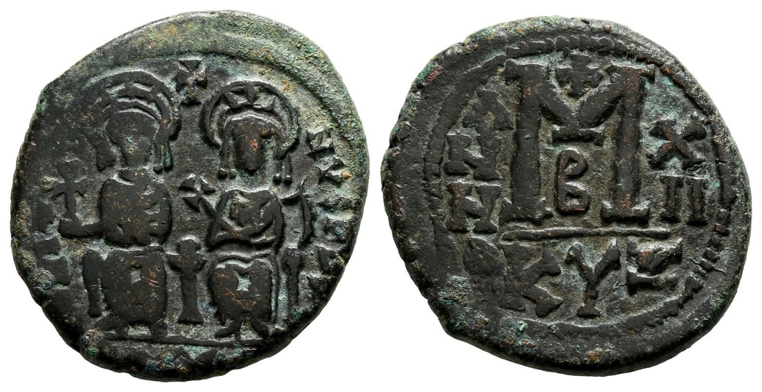 Justin and Sophia AE 40 Nummi or Follis.: Dated RY 12 (576/7). Cyzicus mint. 2nd officina. [..]-?VS P P A, nimbate figures of Justin, holding globus cruciger, and Sophia, holding cruciform sceptre, seated facing on double throne; cross above 