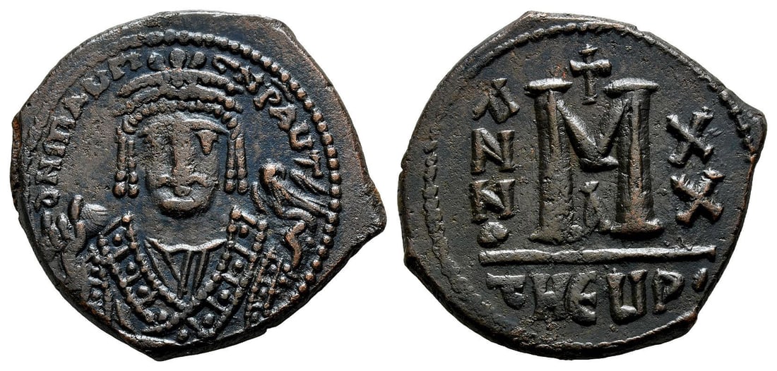 Maurice Tiberius AE 40 Nummi or Follis.: Dated RY 20 (AD AD 601/2). Theoupolis (Antioch) mint. 1st officina. ? N ??A??I CN P A?T, crowned facing bust, wearing consular robes, holding mappa and eagle-tipped sceptre / Large M; cross above, ? b