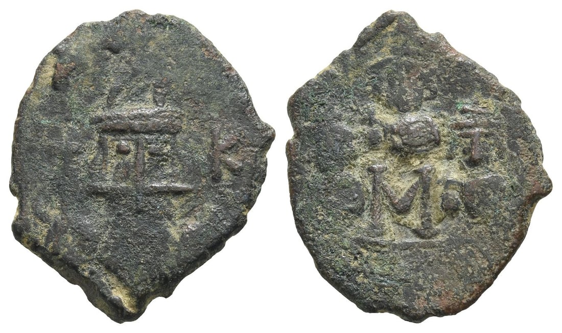 Constans II, with Constantine IV, Heraclius, and Tiberius AE 40 Nummi or Follis.: AD 666-668. Constantinopolis mint. Draped bust of Constans II facing, with long beard and moustache, wearing crown ornamented with cross and holding globus cruciger in his right hand; in field to righ